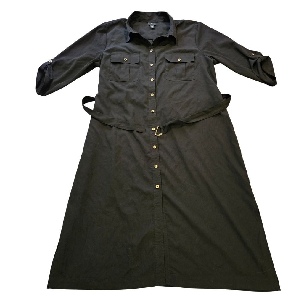 Worthington Black Button Front Belted Shirt Dress XXL Roll Tab Sleeve Midi